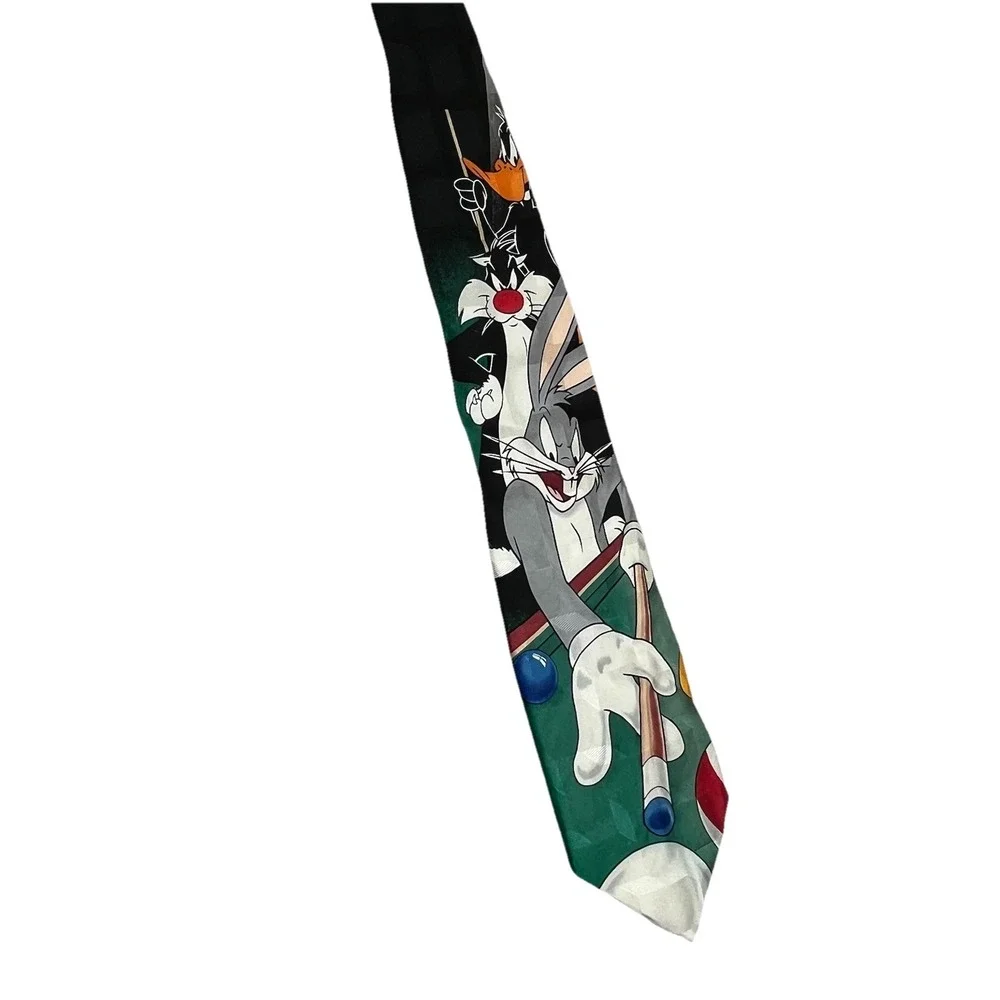 Vintage Looney Tunes Mania Silk Neck Tie Bugs Bunny Pool Billiards Cartoon USA